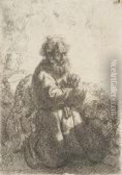 St. Jerome Kneeling In Prayer, Looking Down Oil Painting - Rembrandt Van Rijn
