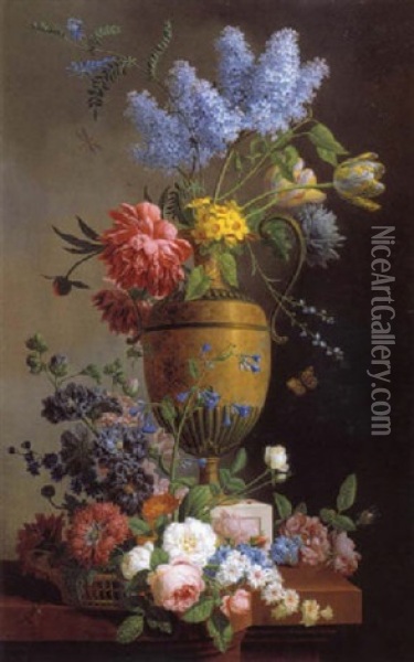 Nature Morte Au Bouquet De Lilas, Pivoines Et Tulipes Et A La Corbeille De Fleurs Sur Un Entablement Oil Painting - Pieter Faes