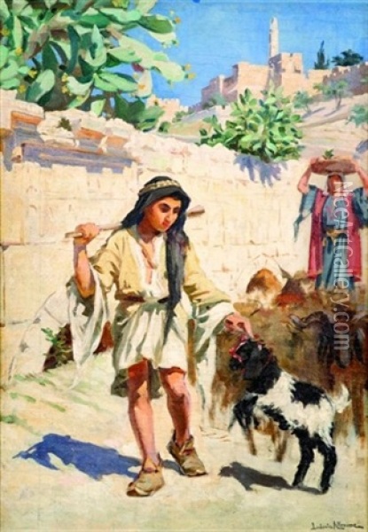 Berger Aux Abords De La Citadelle A Jerusalem Oil Painting - Ludovic Alleaume