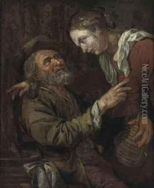 A Peasant And A Maid In A Tavern Oil Painting - Jacob Van Toorenvliet