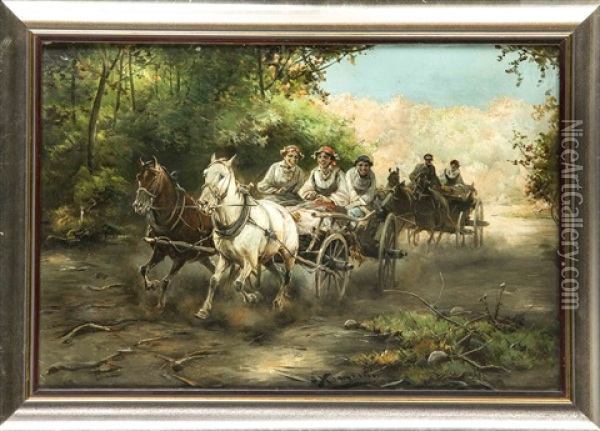 Zwei Pferdewagen Reiten In Einen Wald Hinein Oil Painting - Jan Konarski