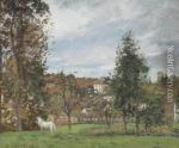 Paysage Avec Cheval Blanc Dans Un Pre, L'hermitage, Pontoise Oil Painting - Camille Pissarro