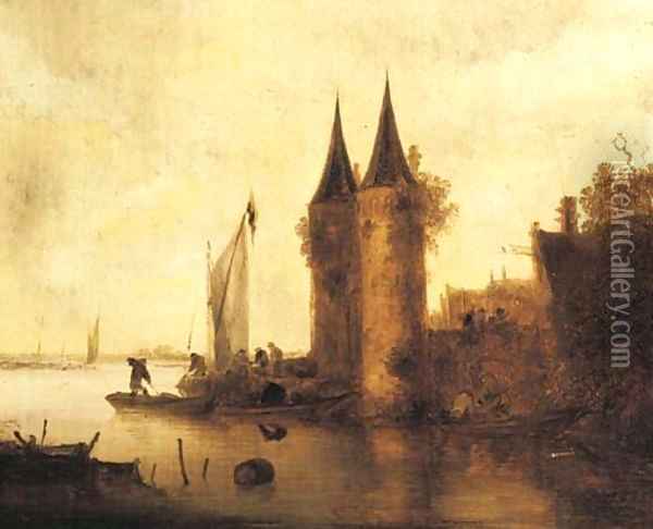 A river estuary with a sailing boat by a fortified town Oil Painting - Maerten Fransz. Van Der Hulft