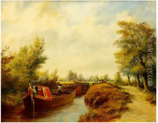 Barge On A Canal Entering Lock. Oil Painting - Thomas Worthington Whittredge