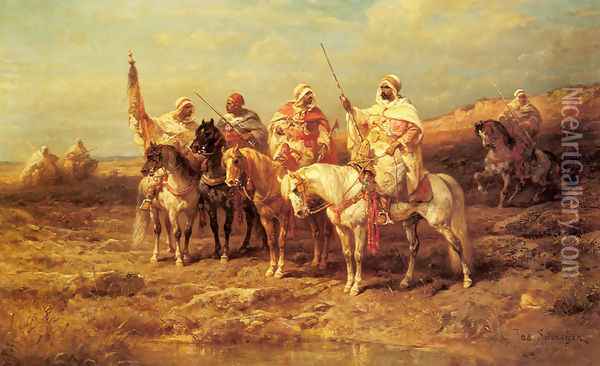 Arab Horsemen by a Watering Hole Oil Painting - Adolf Schreyer