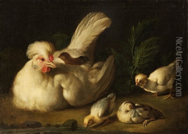 Hen With Chicks Oil Painting - Jacob Samuel Beck