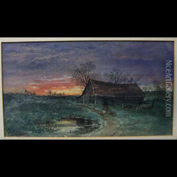 Log Cabin In Sunset Oil Painting - Thomas Harrison Wilkinson
