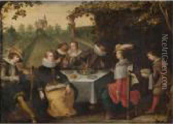 An Elegant Company Dining In A Formal Garden Oil Painting - Louis de Caullery
