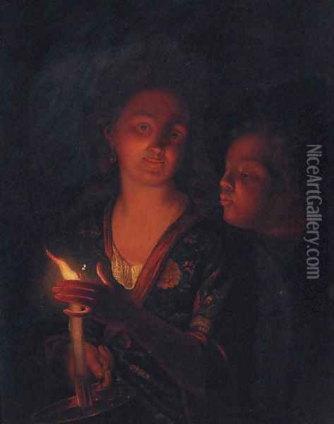 A boy blowing a candle held by a lady Oil Painting - Godfried Schalken