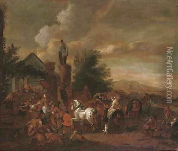 A hawking party at rest by an inn Oil Painting - Philips Wouwerman
