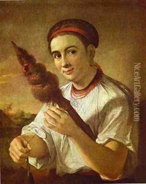 A Spinner 1820s Oil Painting - Vasili Andreevich Tropinin