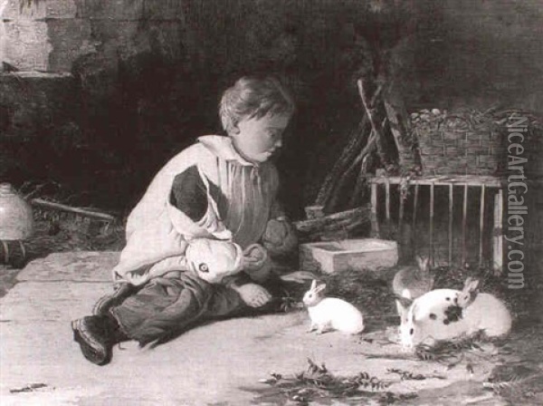 Feeding The Rabbits Oil Painting - William Malbon