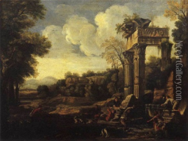 Rovine Di Un Tempio Ionico Presso Una Fonte Con Astanti Vari, In Un Paesaggio Classico Oil Painting - Giovanni Ghisolfi