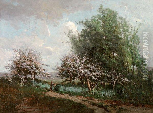 La Rentree Du Marche Sous Les Cerisiersen Fleurs Oil Painting - Alexandre Defaux