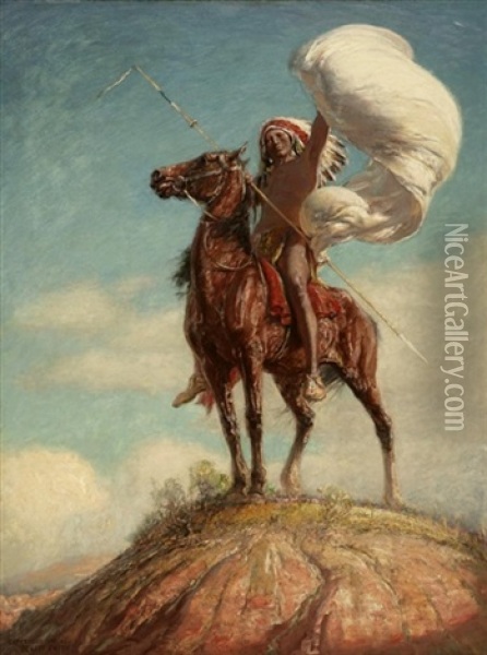 The Signal, American Indian On Hilltop Oil Painting - De Cost Smith