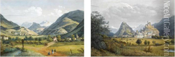A Village In The Mountains; Figures In A Mountainous Landscape (a Pair) Oil Painting - Henri Knip