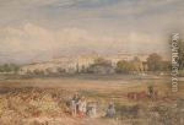 Figures Before A Town; And 'grenoble' Oil Painting - David Cox