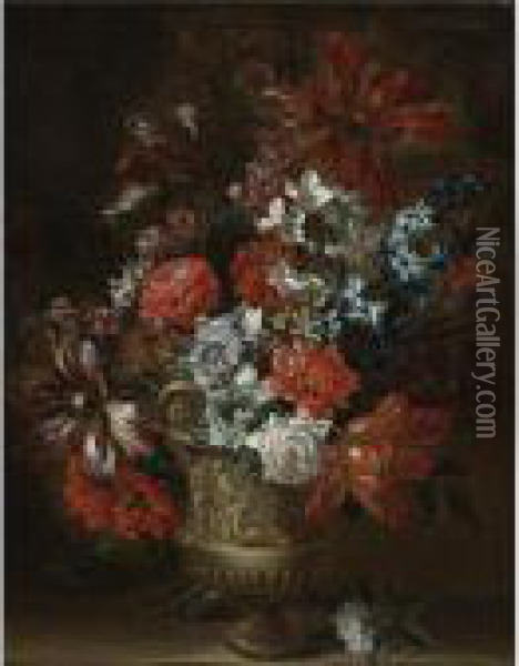 Still Life Of Tulips, Peonies, Narcissus And Other Flowers In A Sculpted Vase Oil Painting - Pieter III Casteels