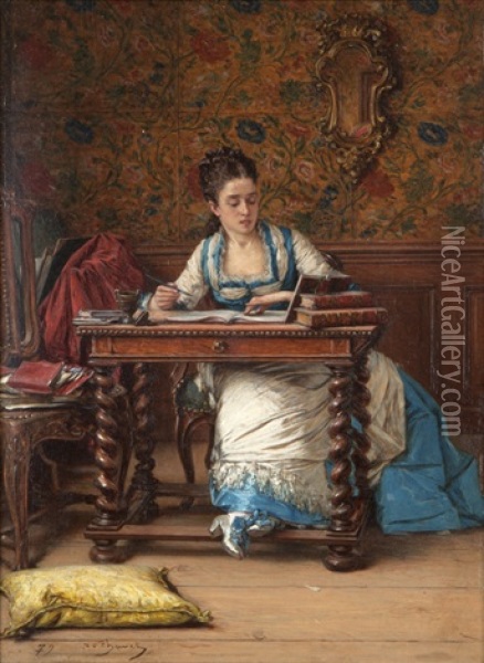 Woman Copying From A Book In An Ornate Interior Oil Painting - Victor Joseph Chavet