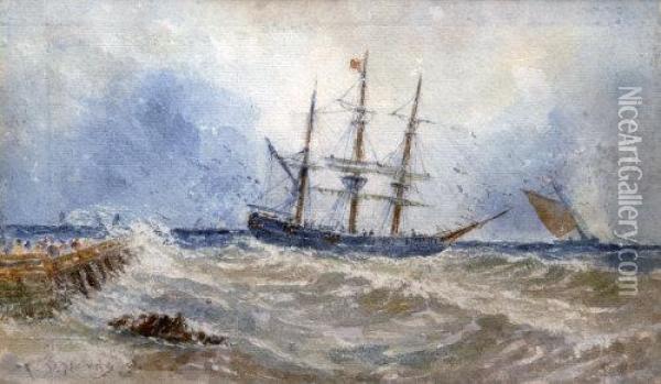 Shipping In Rough Seas, Off Calais Pier Oil Painting - Thomas Bush Hardy