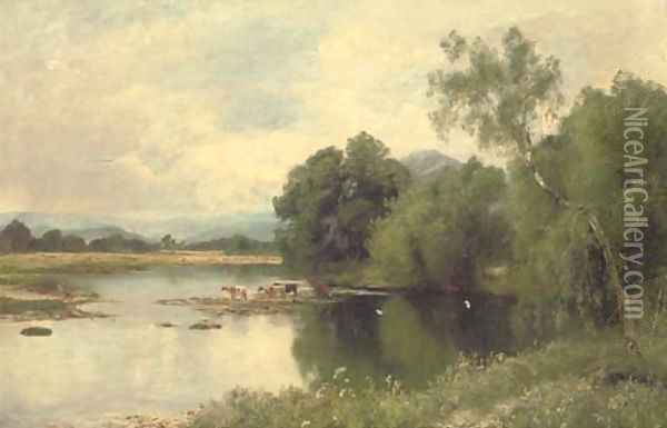 Cattle watering by a tranquil river Oil Painting - John Clayton Adams