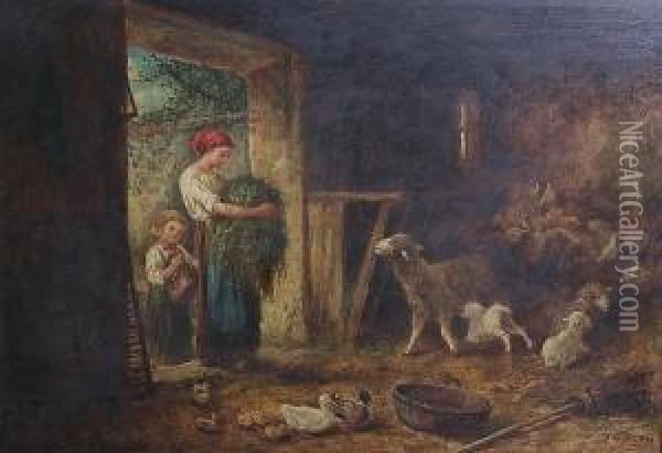 Mother And Child By A Barn Door, With Sheep, Lambs And Ducks Oil Painting - James C. Thom