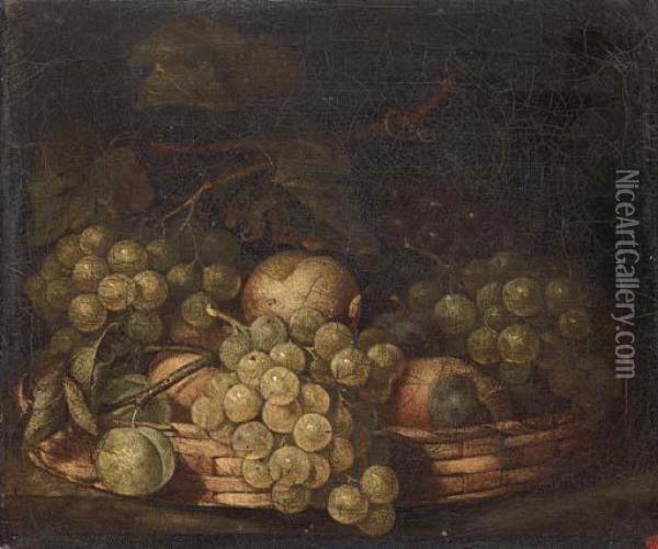 Peaches, Grapes And Greengages In A Basket Oil Painting - Charles James Lewis