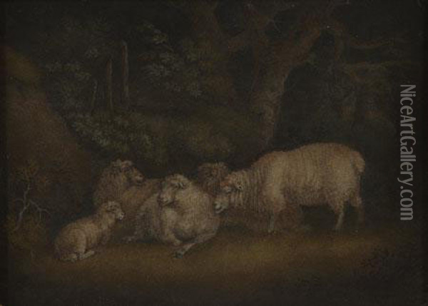 Sheep And A Lamb In A Woodland Landscape Oil Painting - Benjamin Zobel