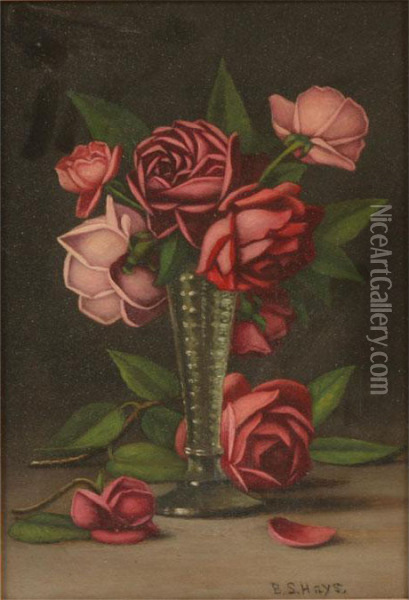 Floral Still Life With Cabbage Roses In Glass Vase Oil Painting - Barton Stone Hays