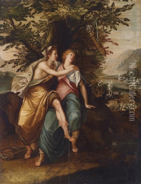 Venus Und Adonis, Im Hintergrund Diana Und Aktaon Oil Painting - Karel van Mander the Younger