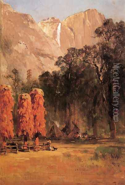 Acorn granaries, by Piute Indian camp in Yosemite Oil Painting - Thomas Hill