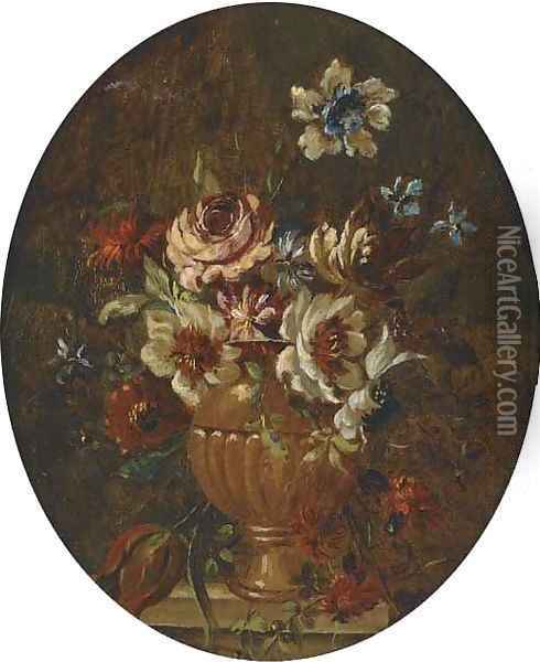 Mixed flowers in a vase on a stone ledge; and Mixed flowers in a vase on a stone ledge Oil Painting - dei Fiori (Nuzzi) Mario