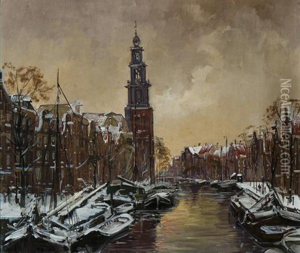 A View Of The Prinsengracht With Thewestertoren Oil Painting - Jan Hermanus Melcher Tilmes