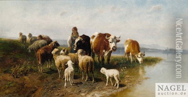 Kuhe Und Schafe Mit Hirtin Am Seeufer Oil Painting - Christian Friedrich Mali