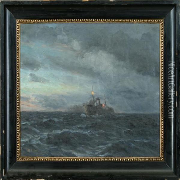 Seascape With Cargo Ship Oil Painting - Holger Peter Svane Lubbers