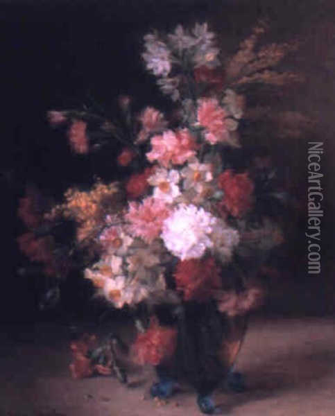 Narcissi, Carnations And Helichrysum In A Glass Vase Oil Painting - Hortense M.G. Dury-Vasselon