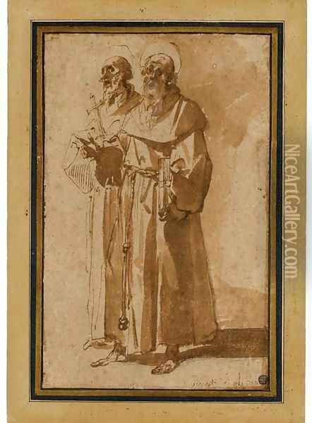Deux moines aureoles, l'un portant un livre, l'autre une croix Oil Painting - Giuseppe Cesari