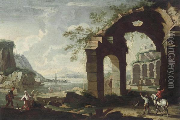 An Architectural Capriccio With Classical Ruins And Figures Conversing On A Shore Oil Painting - Leonardo Coccorant