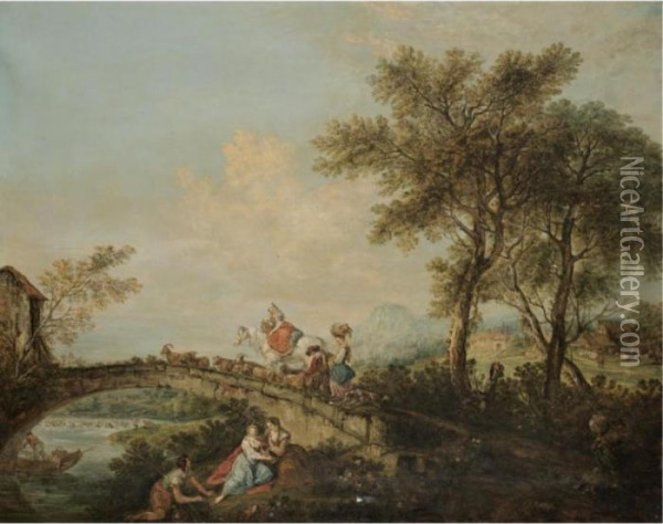 An Arcadian River Landscape With A Family And Their Animals Corssing A Bridge Oil Painting - Francesco Zuccarelli