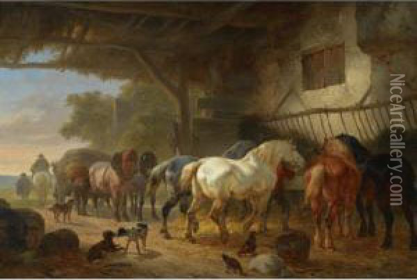 Horses In A Barn Oil Painting - Wouterus Verschuur