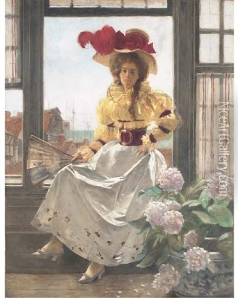 A Young Beauty At A Window Overlooking A French Port Oil Painting - Francois Flameng