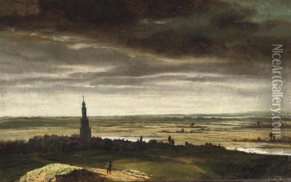 A River Landscape With A View Of A Dutch Town Oil Painting - Jan Ruijscher