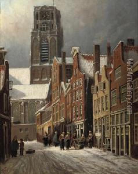 A View Of A Snow Covered Street, Rotterdam, With The St. Laurenskerk In The Distance Oil Painting - Franciscus Lodewijk Van Gulik