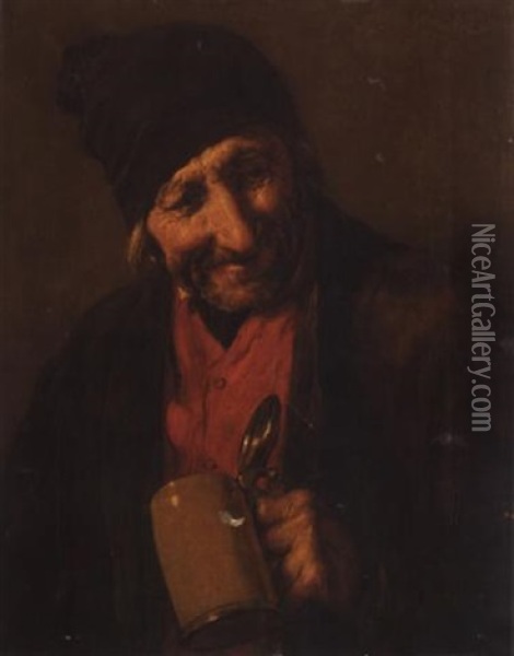 Portrait Of An Old Man Drinking Oil Painting - Nikolaus Gysis