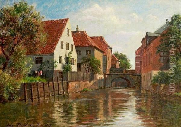 A Canal Scenery From The Town Of Ribe. Signed Aug. Fischer Oil Painting - August Fischer