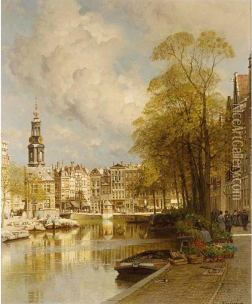 A View From The Singel On The Munttoren, Amsterdam Oil Painting - Johannes Christiaan Karel Klinkenberg
