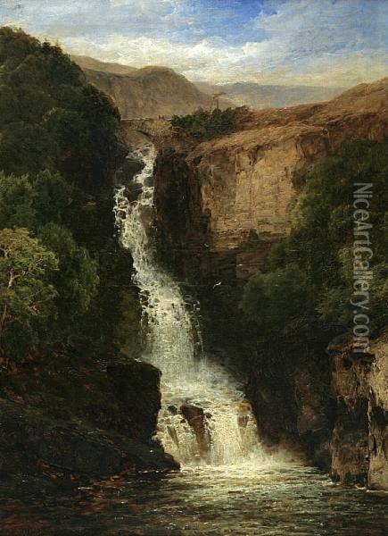 A View Of A Waterfall In A Mountainouslandscape Oil Painting - James Burrell-Smith