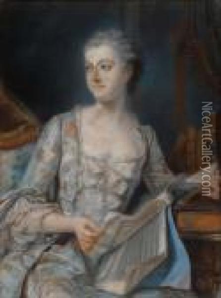 Madame De Pompadourhalf-length, Seated, In An Interior Oil Painting - Maurice Quentin de La Tour