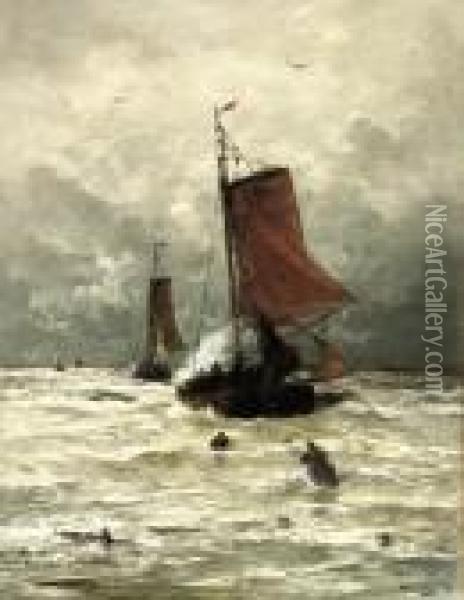 In Danger: Scheveninger Bomschuiten In The Surf Oil Painting - Hendrik Willem Mesdag
