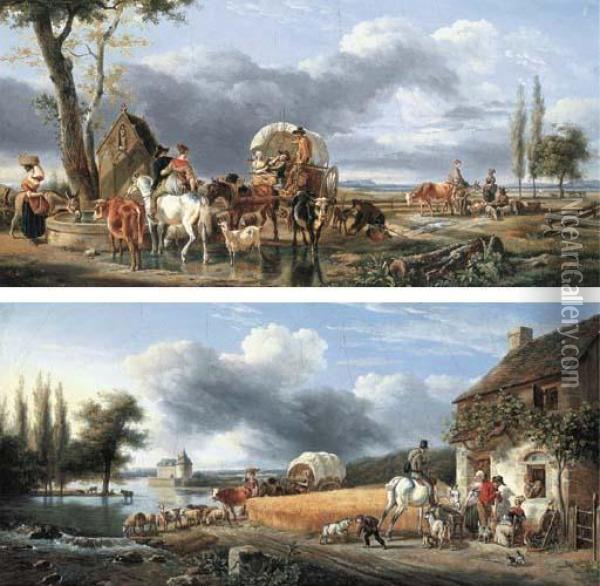 Travelling Peasants With Their 
Cattle And Sheep In A Landscape; Andfigures With Animals Outside An Inn 
Beside A Wheat Field Oil Painting - Jean Louis (Marnette) De Marne